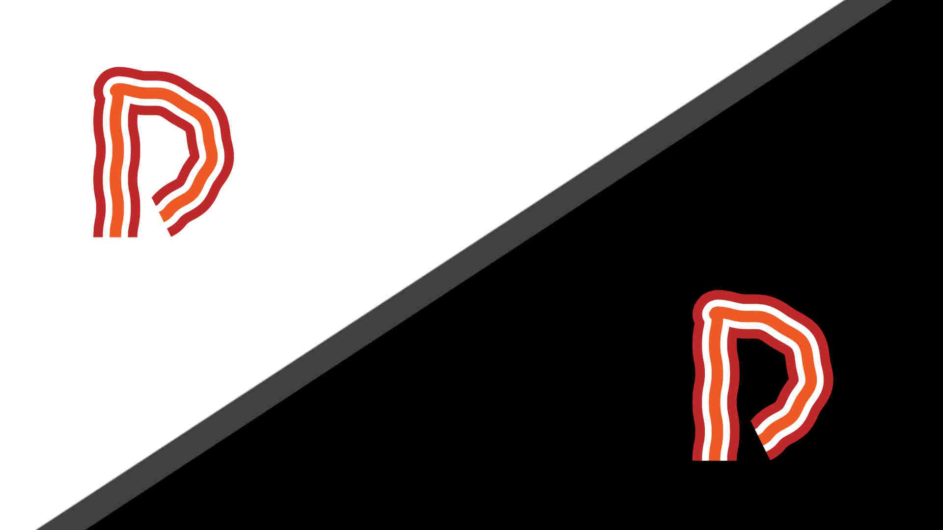 A split image of the developer bacon logo on a black then white background